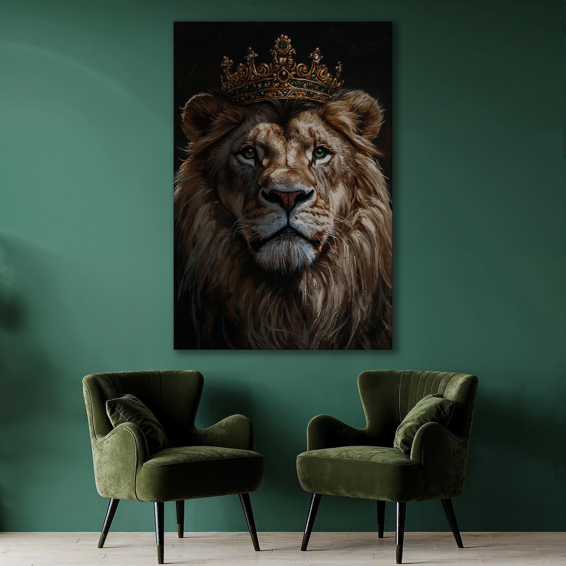 Crowned Lion Majestic King Portrait Dark Background Art Poster
