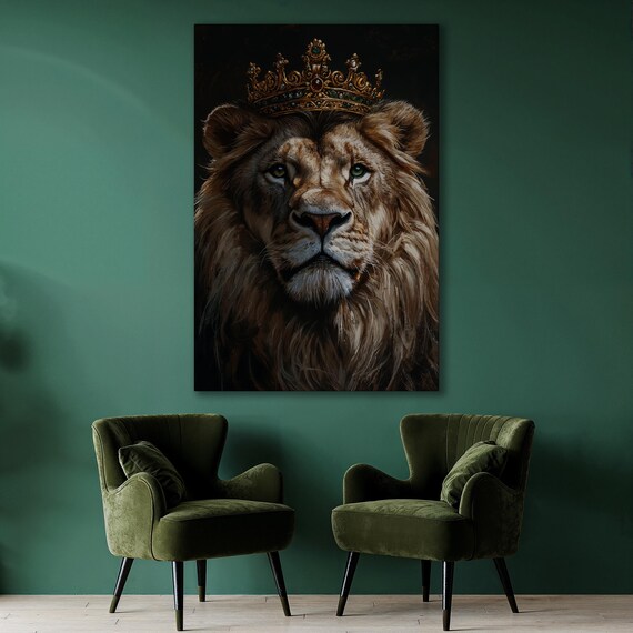 Crowned Lion Canvas Art Majestic Animal Portrait Ready To Hang