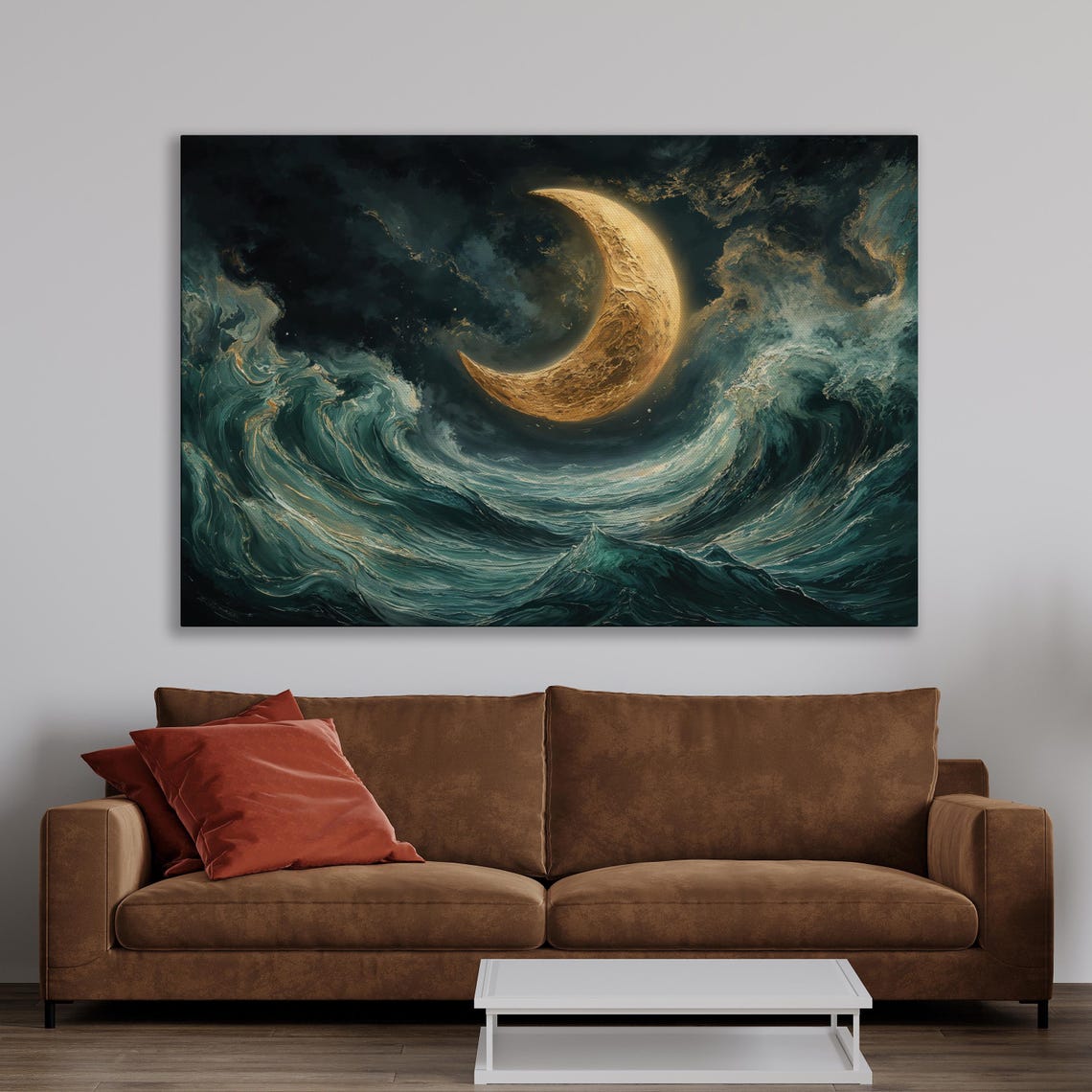 Golden Crescent Moon Over Rolling Ocean Waves At Night Poster - Image 2