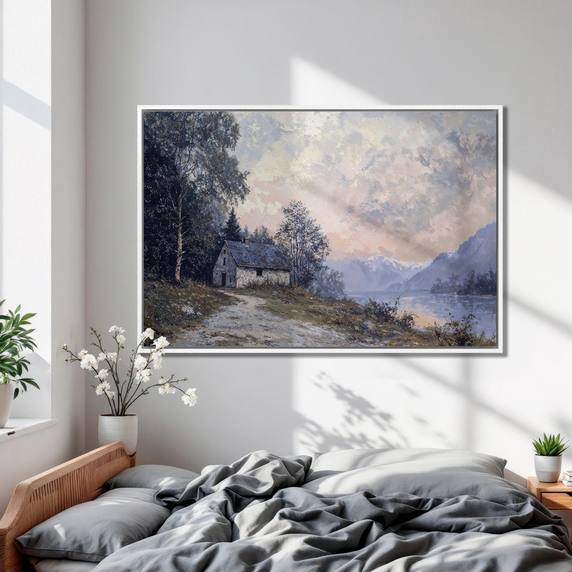 Rustic Cabin Beside A Mountain Lake At Dusk Vintage Landscape Poster - Image 2