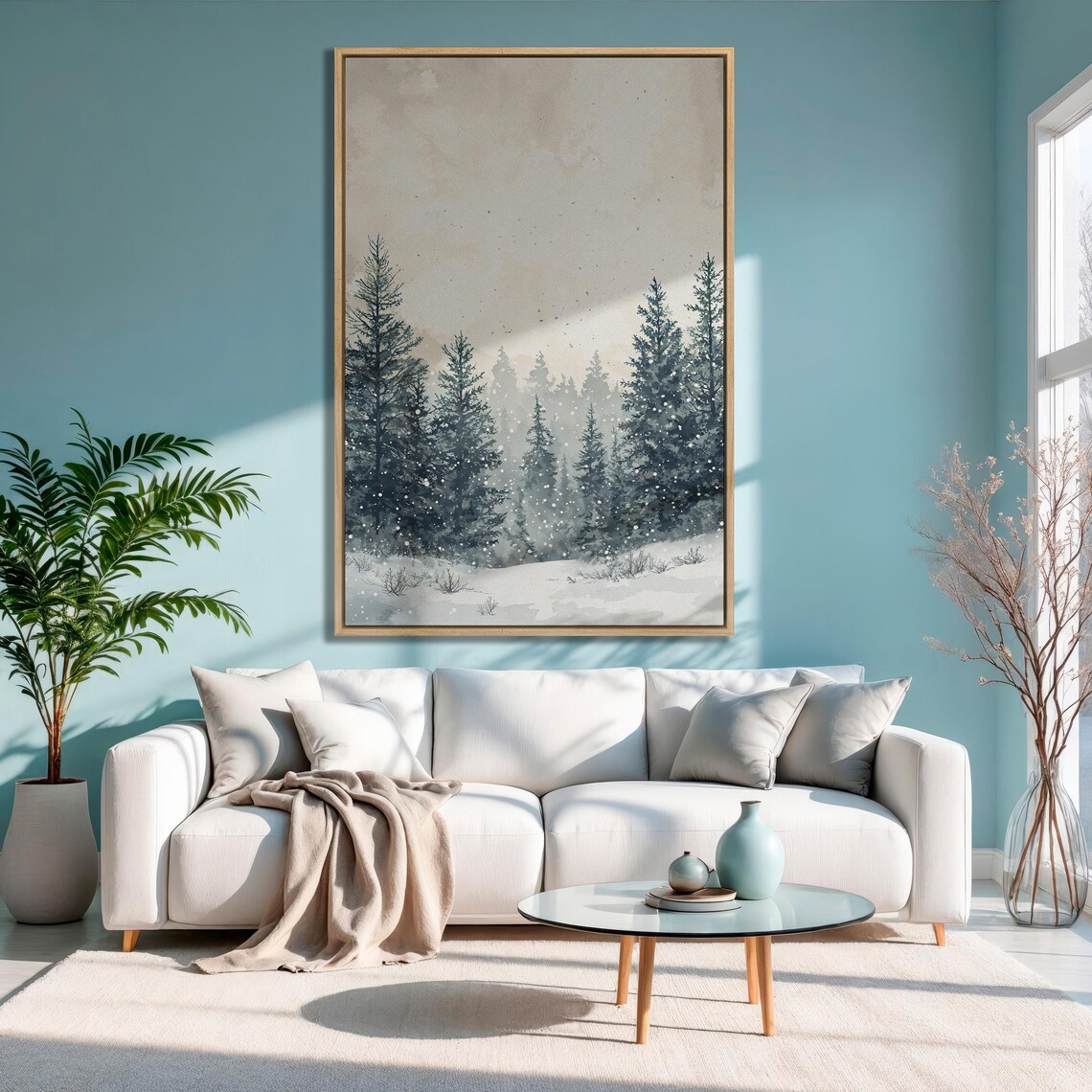 Snowy Pine Forest Fading in Soft Winter Fog Watercolor Print - Image 3