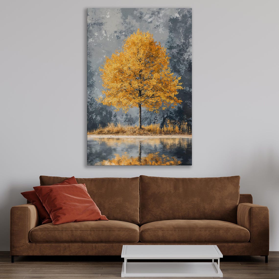 Orange Autumn Tree by a Calm Lake With Mirror Reflection Poster - Image 3
