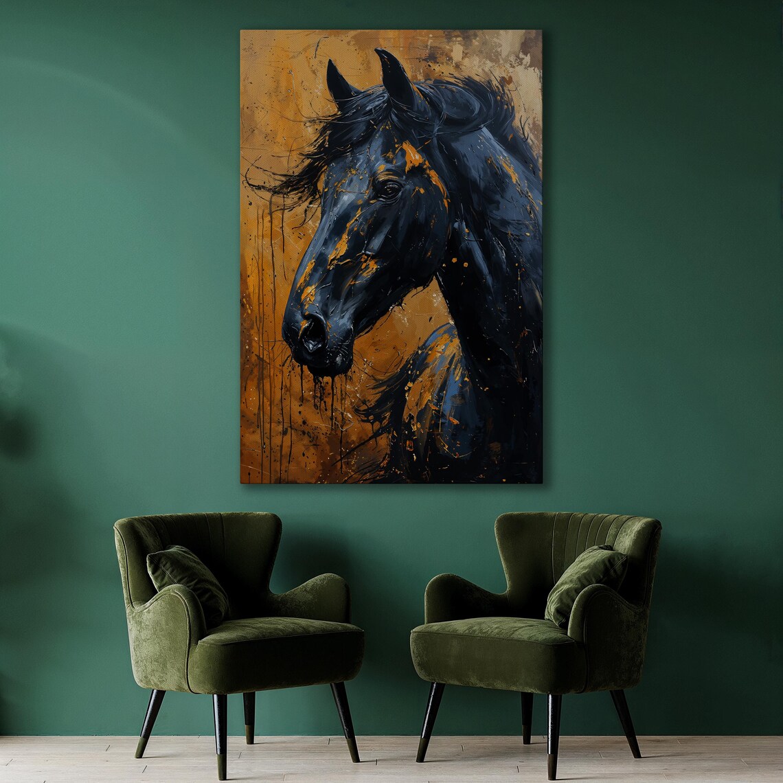 Black Horse Head On Golden Splatter Background Expressive Art Poster - Image 2