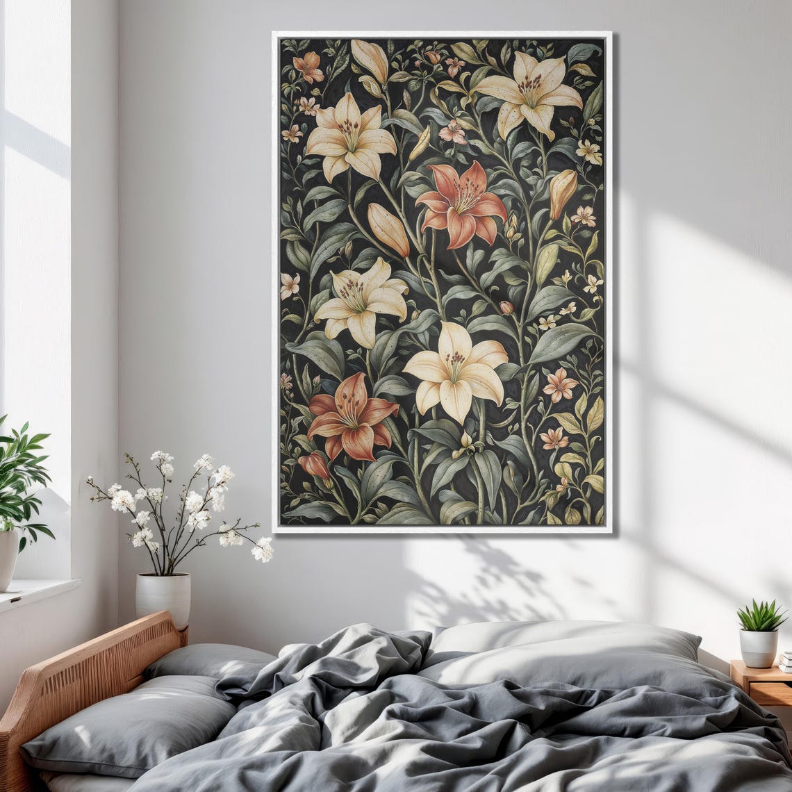 Cream White Lily Stems Climbing Dark Black Botanical Art Print - Image 2