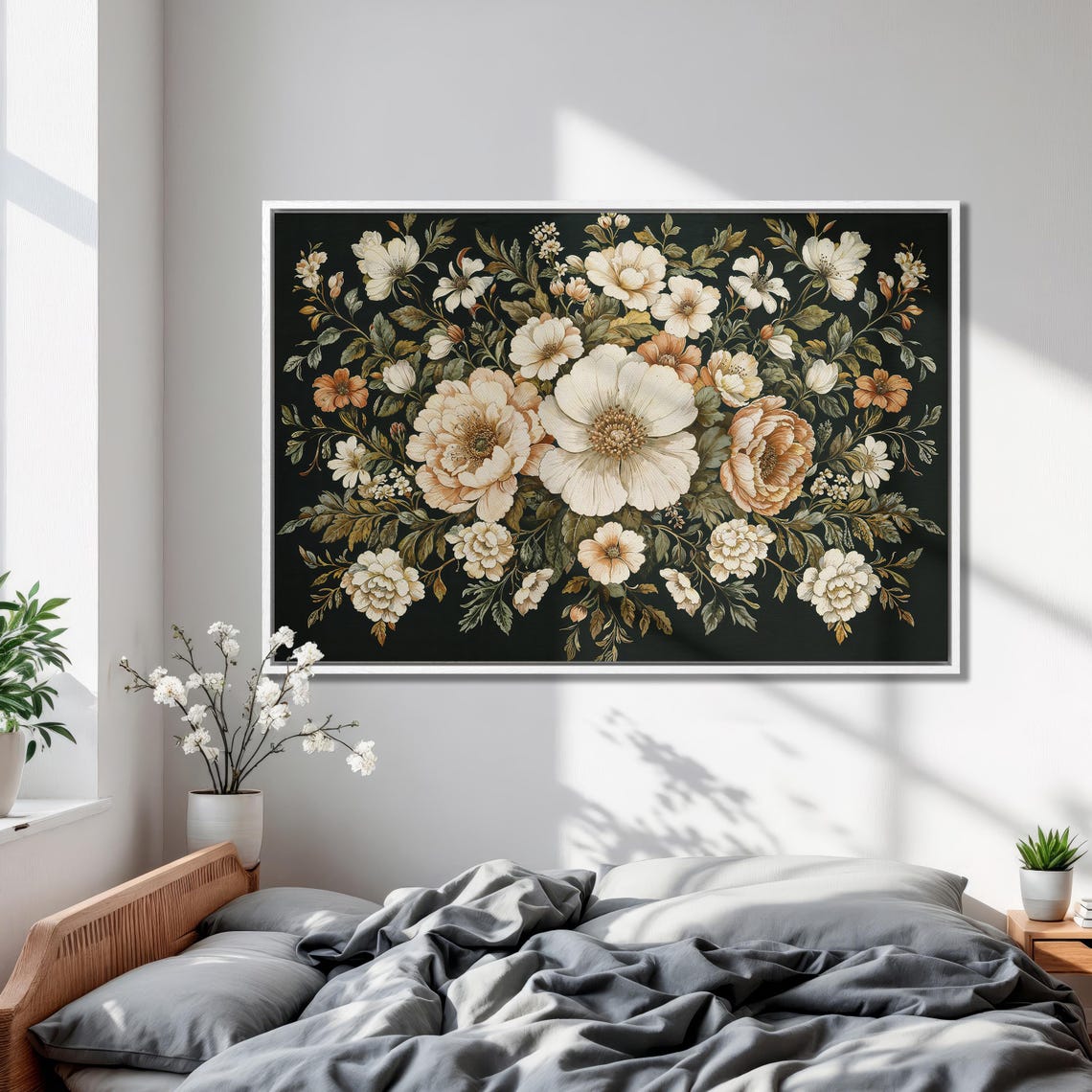 Vintage Cream Peony Bouquet on Black Baroque Floral Art Poster - Image 2
