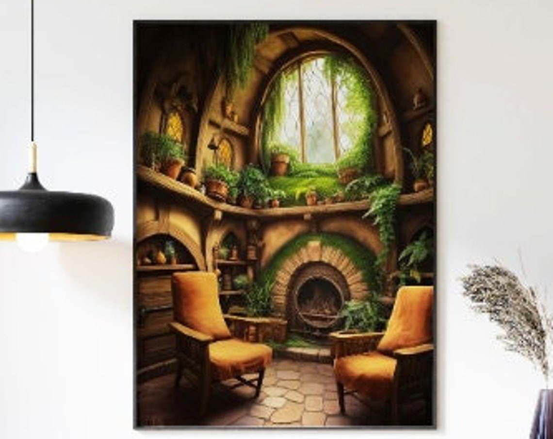 Cozy Hobbit Hole Interior Art Poster With Round Window View Art