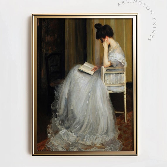 Woman Reading Book Art Print Moody Vintage Oil Painting Cottagecore Home Decor Light Academia Bookish Decor Victorian Art