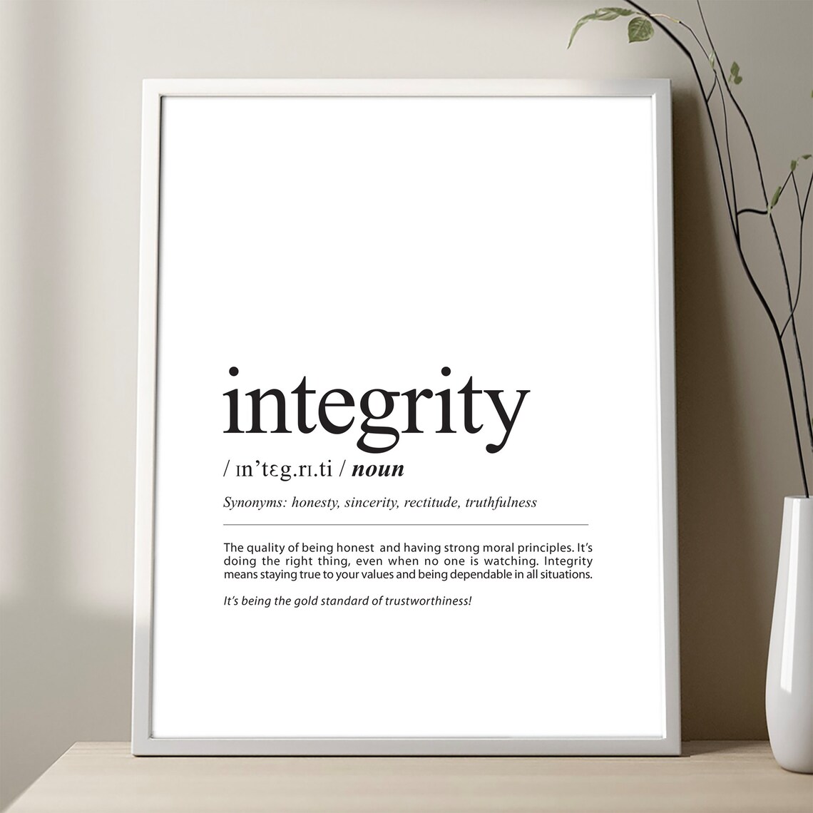 Integrity Definition Poster, Black And White Minimalist
