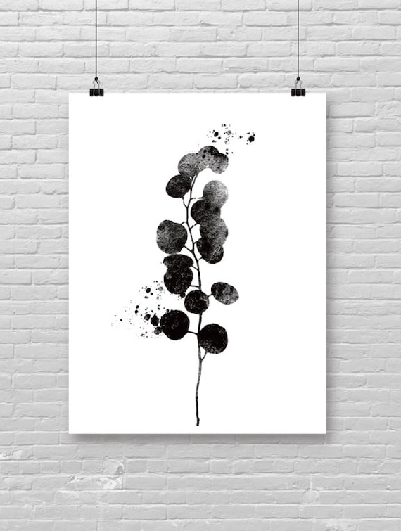 Eucalyptus Branch Black Ink Watercolor Minimalist Botanical Art Poster