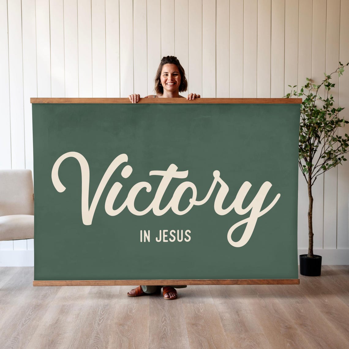 Victory in Jesus Script Lettering on a Green Chalkboard Style Poster
