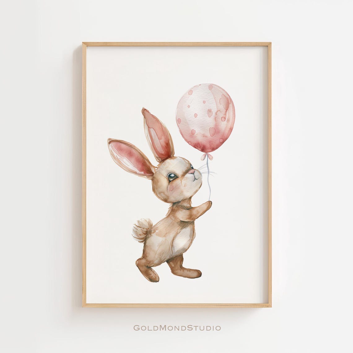 Walking Baby Bunny Pink Balloon Watercolor Sweet Nursery Poster