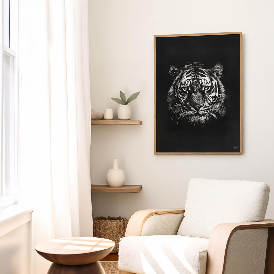 Tiger Face Close-Up Black Background Monochrome Portrait Poster - Image 2