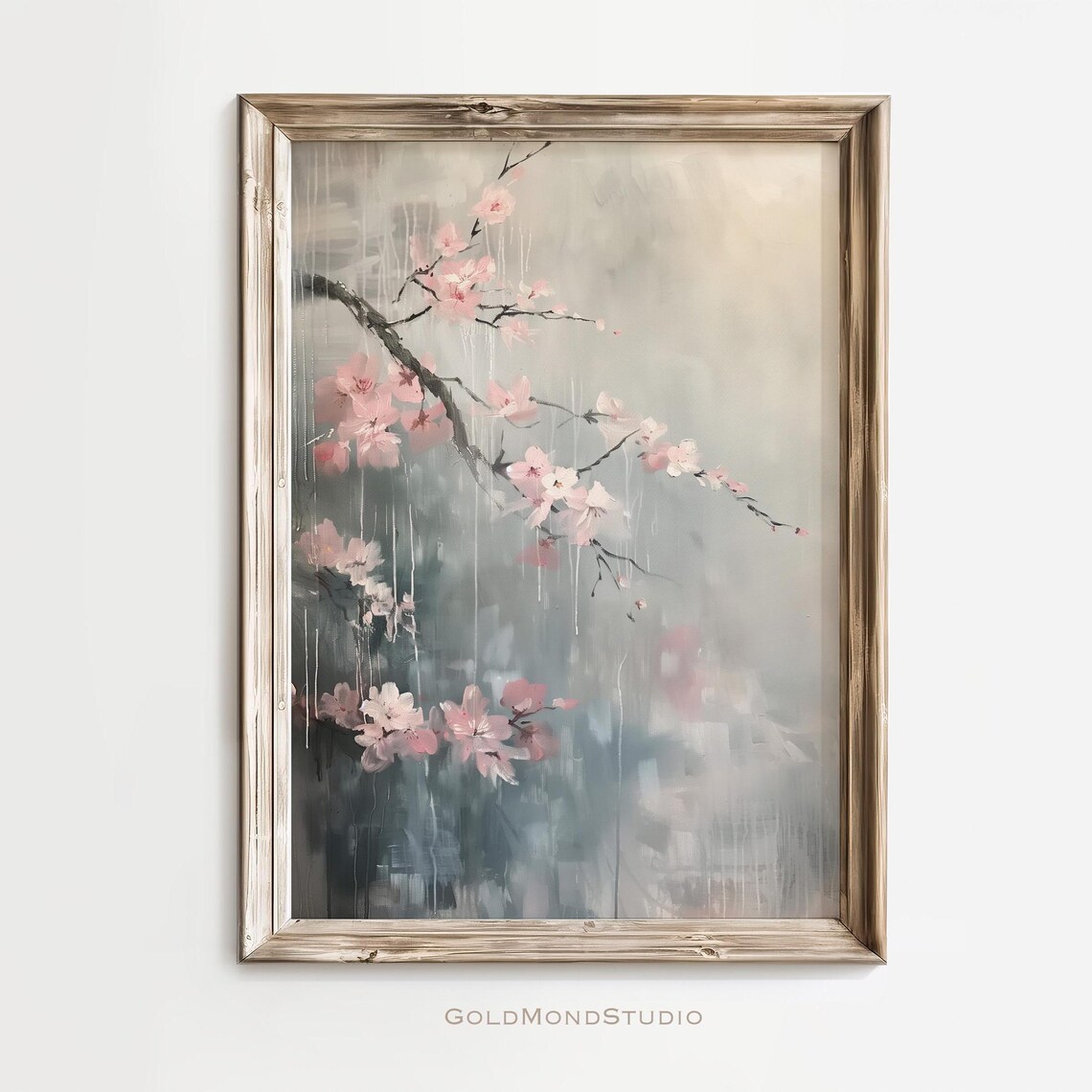 Cherry Blossom Branch Misty Rain Vintage Oil Painting Poster