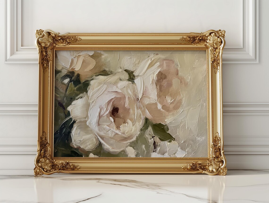 Cream White Roses Close-Up in Thick Impasto Oil Painting Poster - Image 2