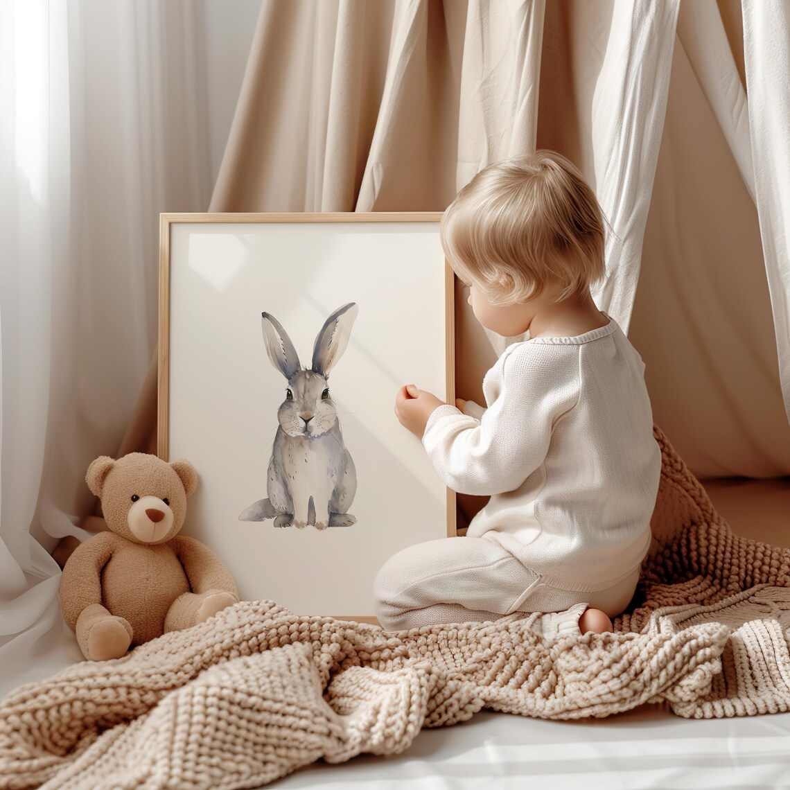 Sweet Grey Rabbit Watercolor Nursery Animal Portrait Wall Poster - Image 2