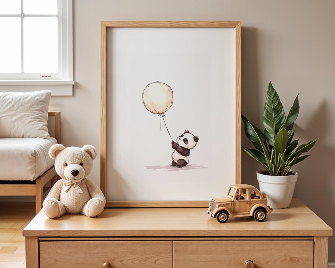 Baby Panda Holding a Cream Balloon in Minimal Watercolor Style Poster - Image 2
