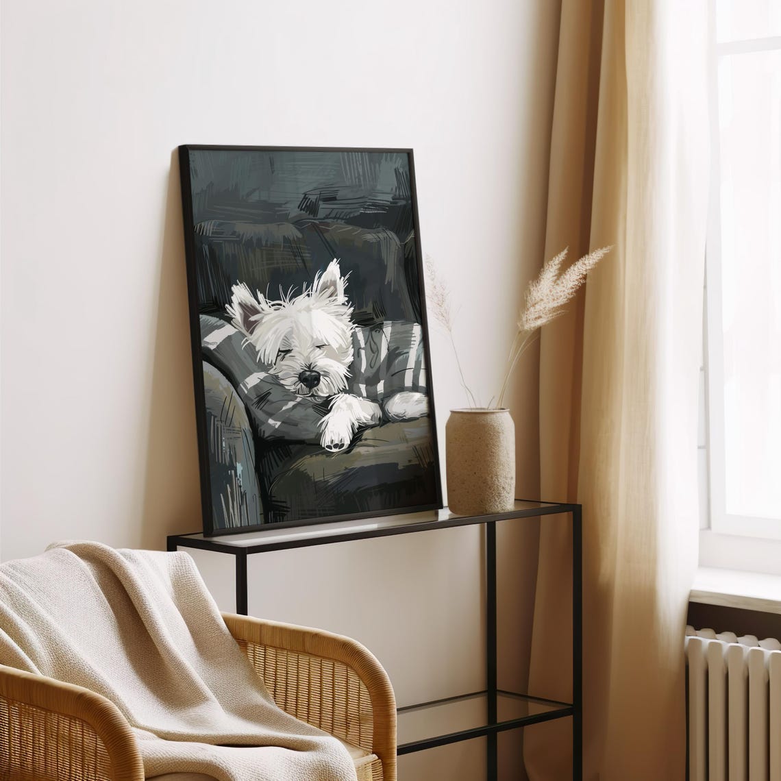 Sleeping White Terrier Puppy On Gray Couch Vintage Art Poster - Image 3