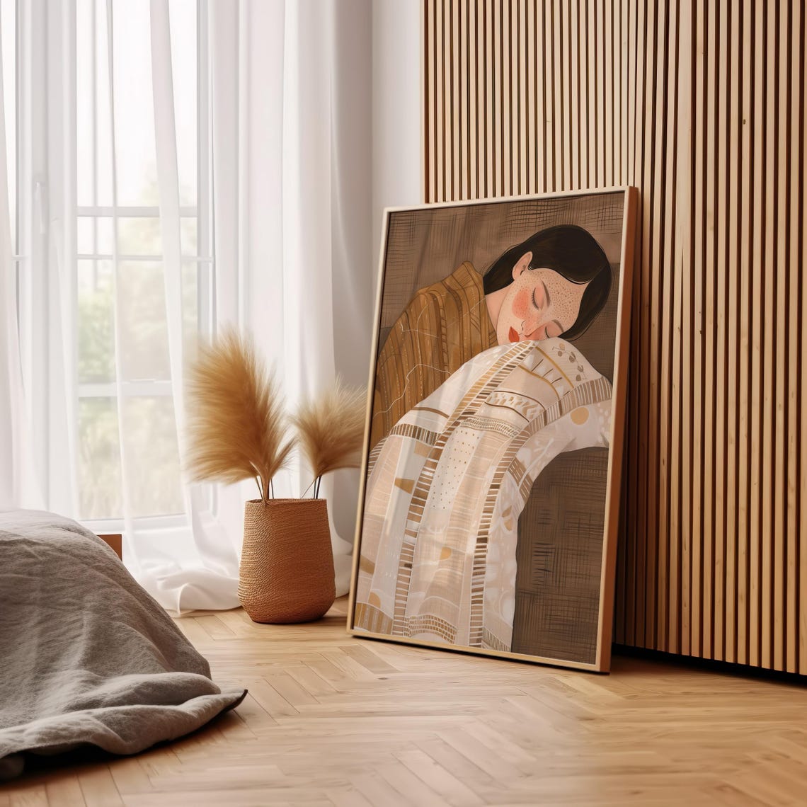 Sleeping Woman In Brown Patterned Top Wrapped Cozy Art Poster - Image 2
