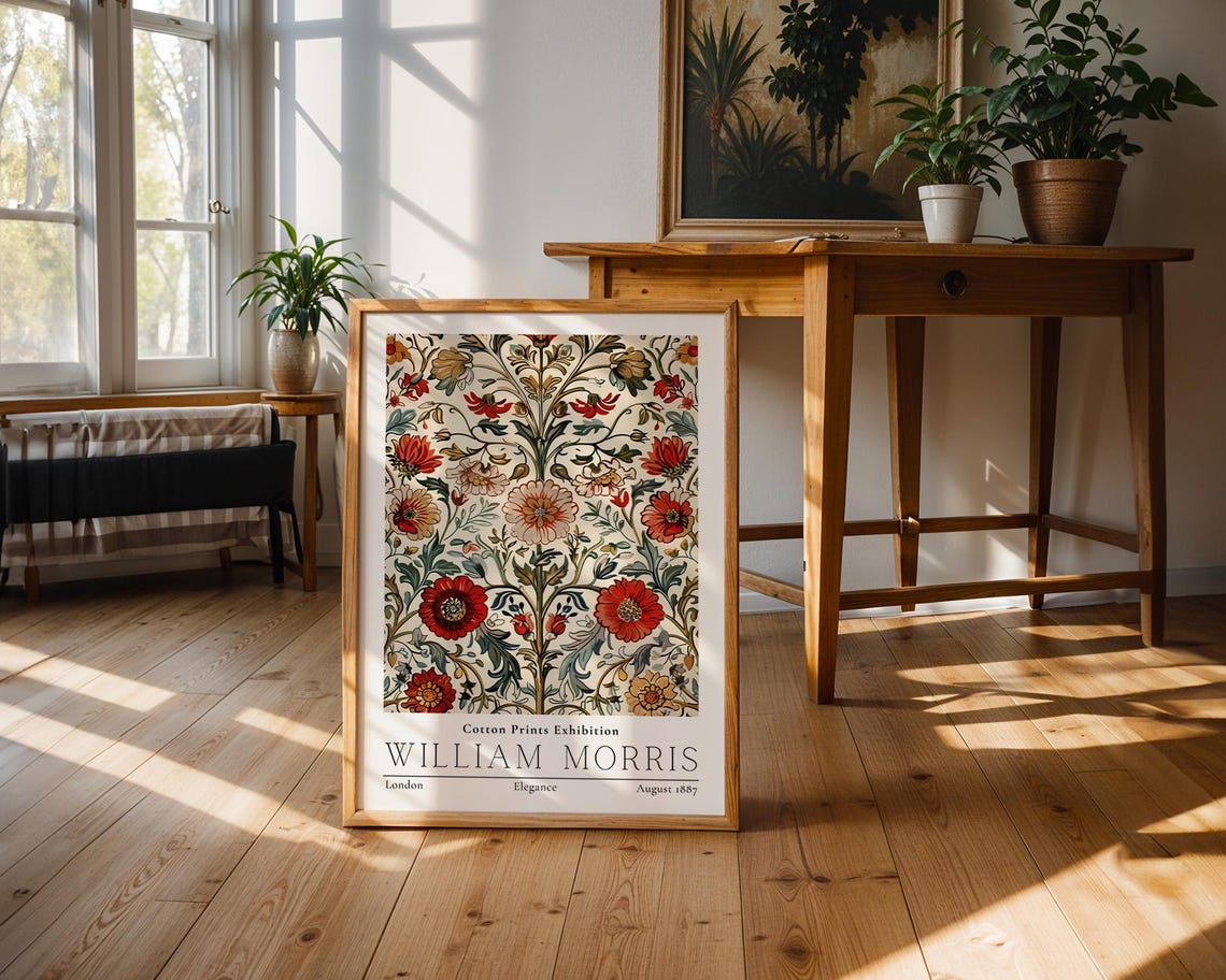 William Morris Elegance Red Bloom Vintage Cotton Exhibition Poster - Image 3