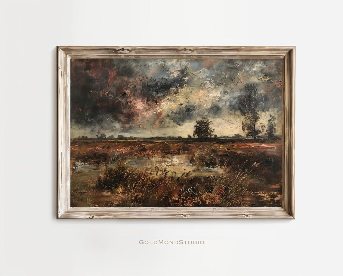 Dramatic Stormy Dusk Marsh With Copper Clouds Painting Poster