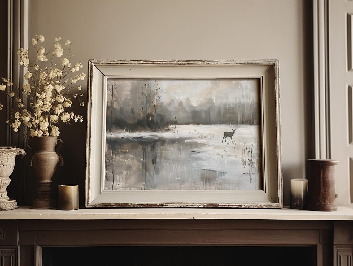 Solitary Deer By A Frozen Lake In Snowy Forest Painting Poster - Image 3