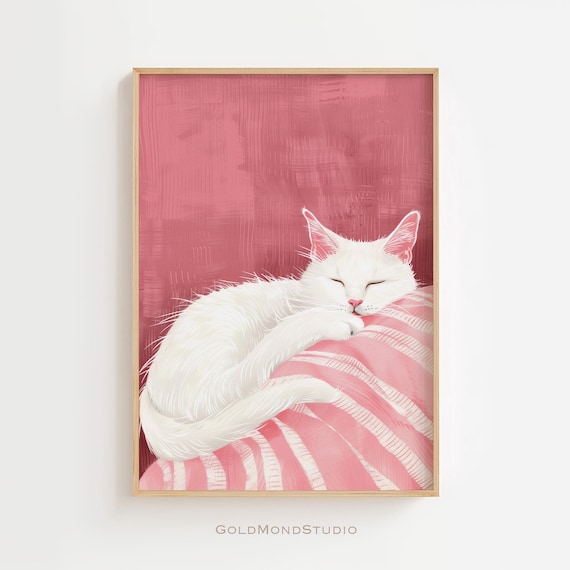 Sleeping White Cat Curled On Pink Striped Pillow Decor Poster