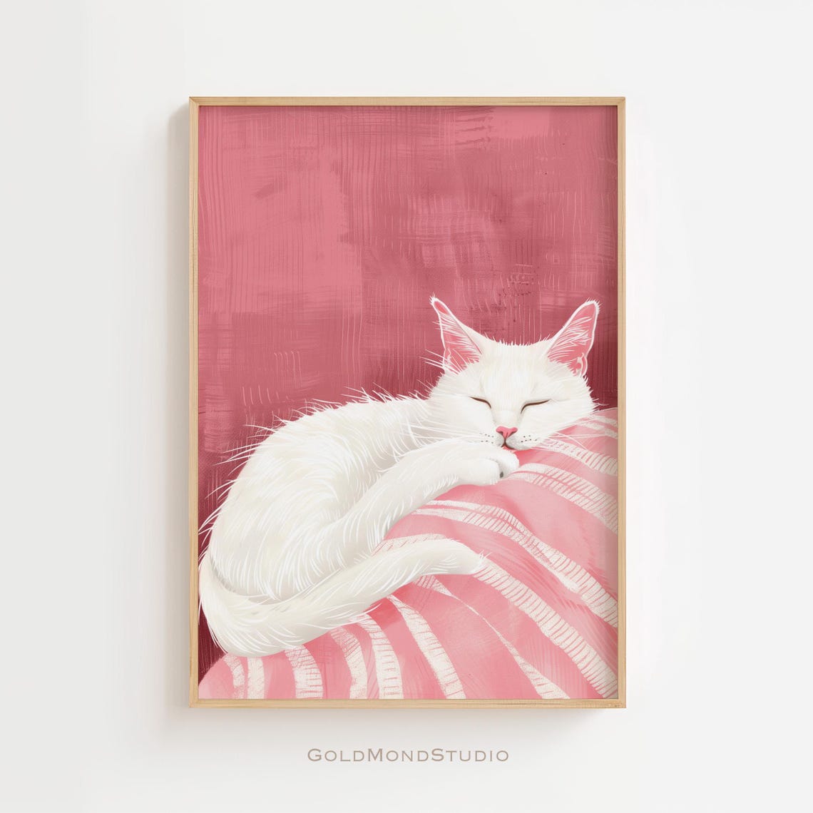 Sleeping White Cat Curled On Pink Striped Pillow Decor Poster