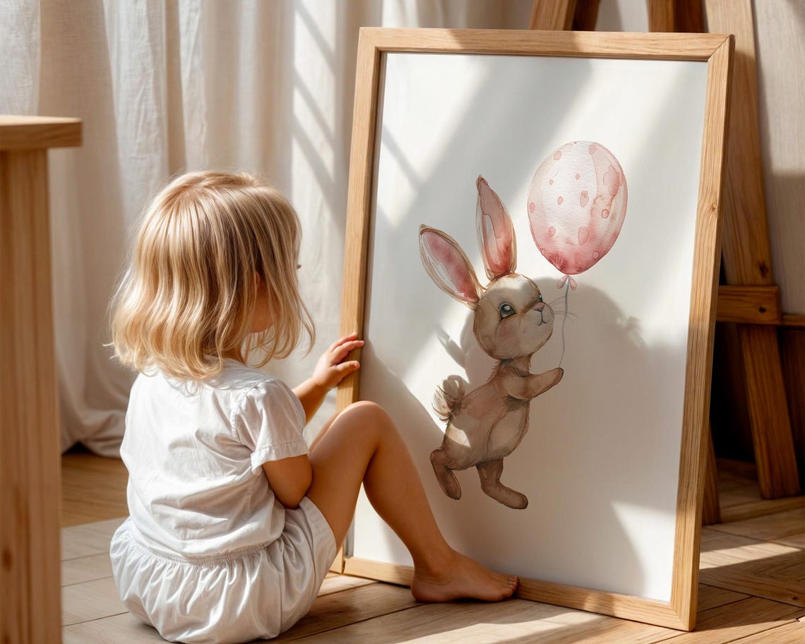Walking Baby Bunny Pink Balloon Watercolor Sweet Nursery Poster - Image 3