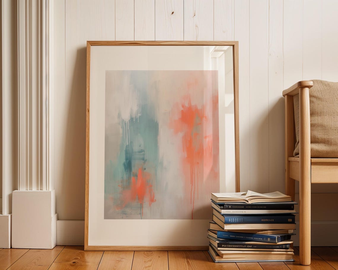 Coral Red And Teal Soft Abstract Color Field Wash Painting Poster - Image 3