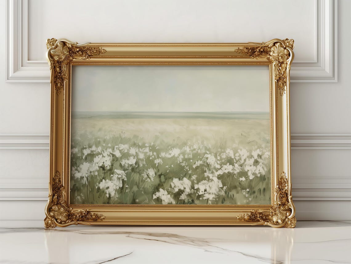 Endless White Wildflower Meadow Under Pale Sky Painting Poster - Image 3