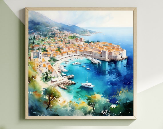 Dubrovnik Croatia Watercolor Art Print, Coastal View