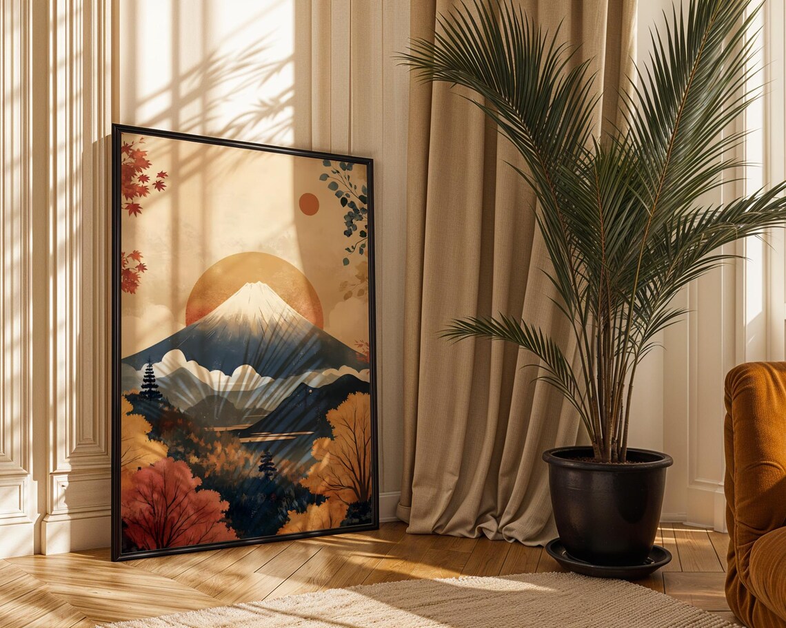 Volcano Mountain Autumn Sunset Japanese Style Landscape Art Poster