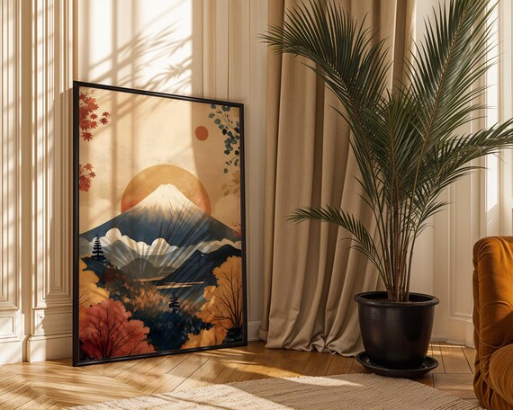 Volcano Mountain Autumn Sunset Japanese Style Landscape Art Poster