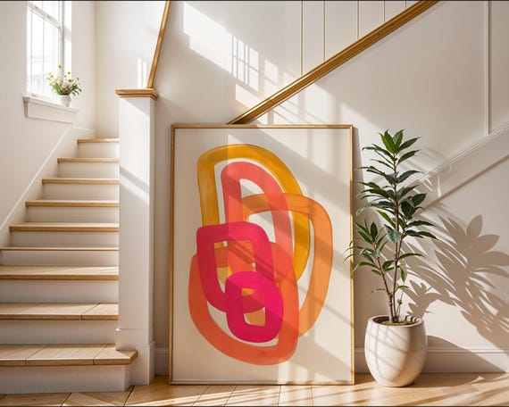 Interlocking Abstract Shapes Poster Warm Tones Wall Art Loops Illustration Mid Century Modern Style Pink Orange Decor