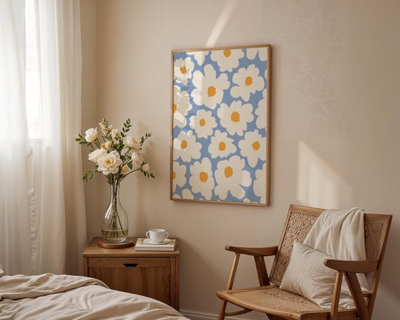 Blue Daisy Floral Pattern Art Print White Yellow Flower Wall Modern Coastal Aesthetic Decor Preppy Dorm Room Poster Gift