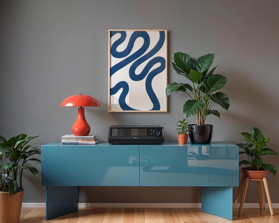 Minimalist Blue Wave Art Print Ocean Flow Poster Coastal Wall Decor Modern Graphic Illustration Cobalt Minimal Japanesestyle