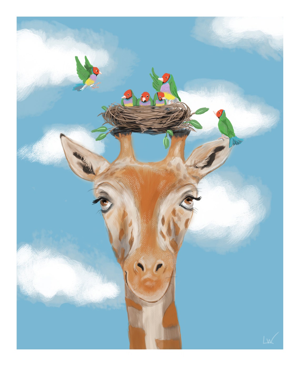 Sweet Giraffe with a Birds Nest Balanced on Its Head Art Poster