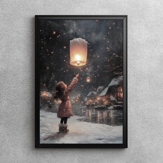 Girl Releasing a Glowing Sky Lantern in a Snowy Night Village Poster