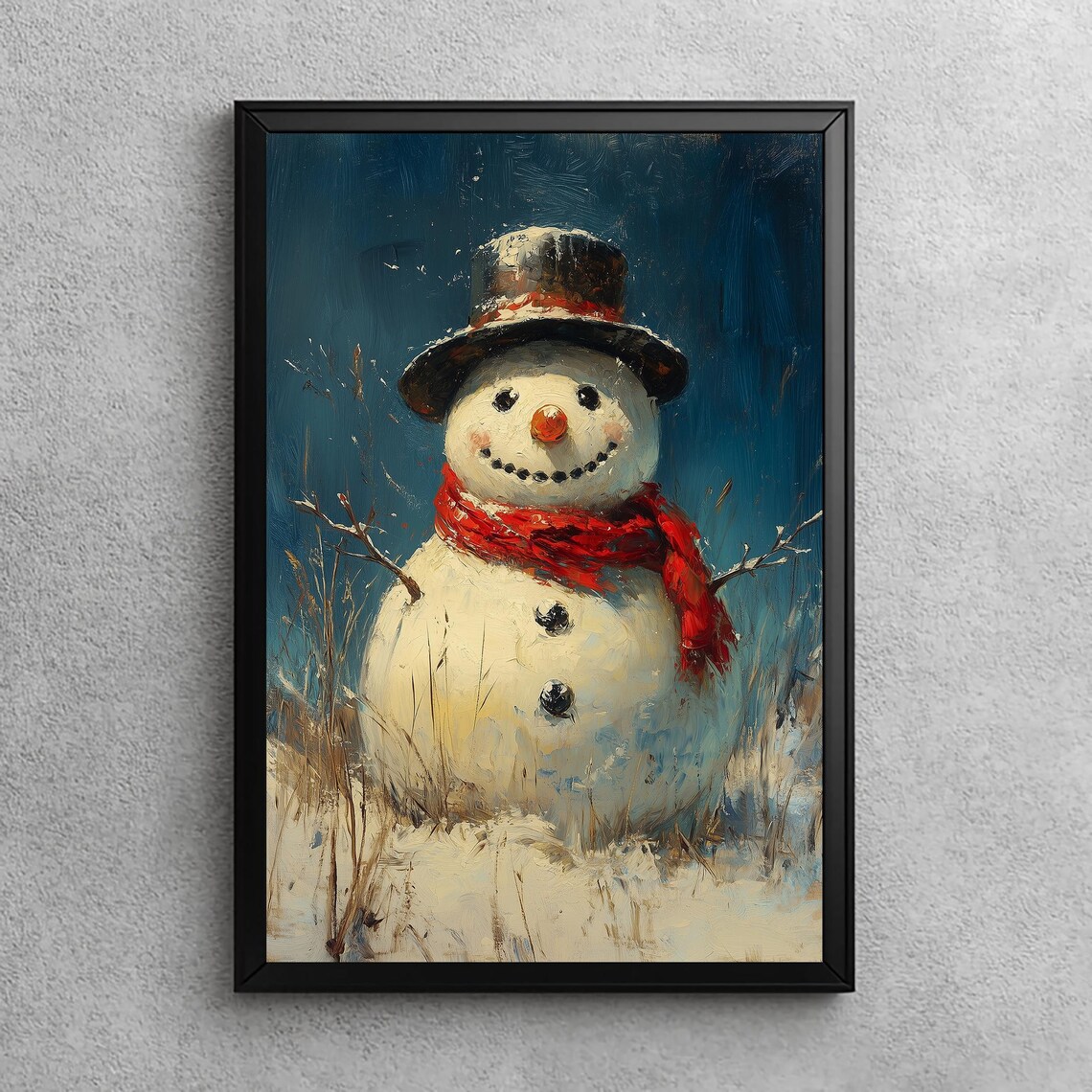 Vintage Snowman Top Hat Red Scarf Christmas Winter Oil Painting Poster