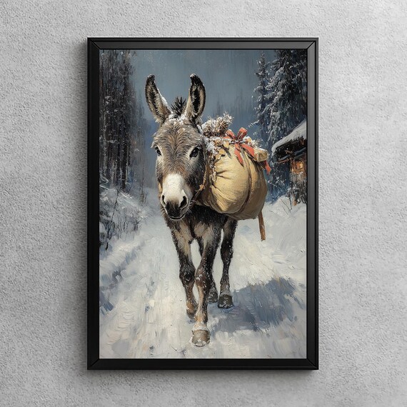 Donkey Carrying Christmas Gifts Through a Snowy Forest Poster