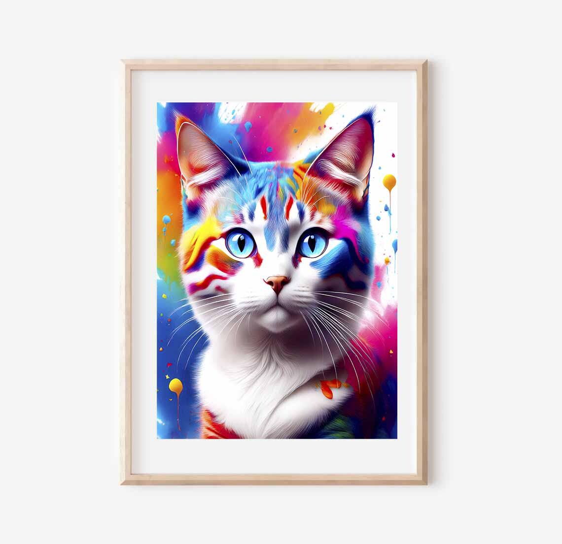 Rainbow Paint Splash Cat Portrait On Colorful Background Poster