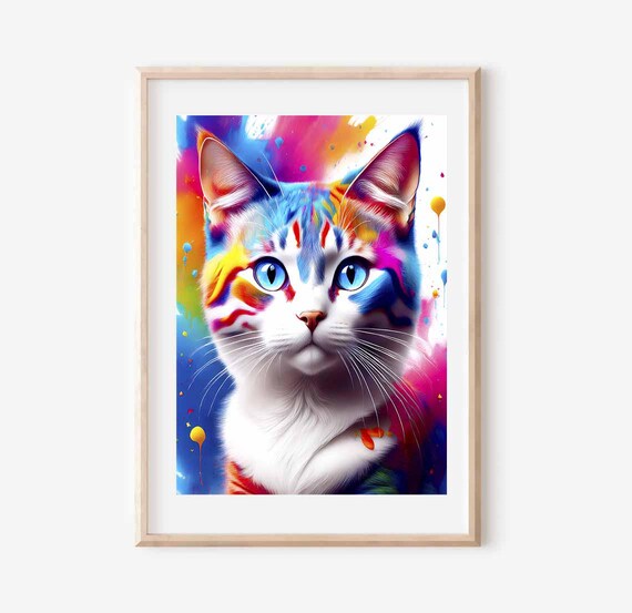 Rainbow Paint Splash Cat Portrait On Colorful Background Poster