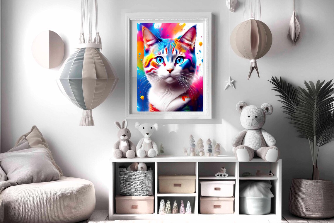 Rainbow Paint Splash Cat Portrait On Colorful Background Poster - Image 2