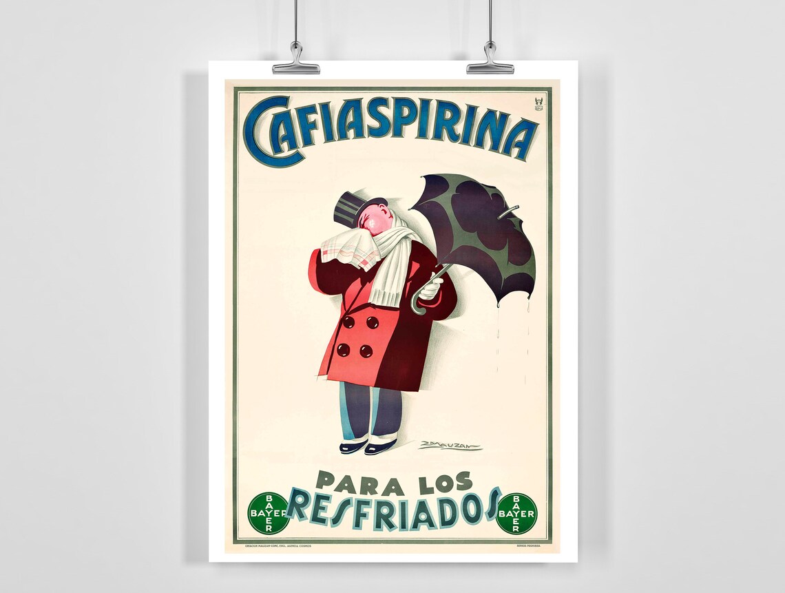 Cafiaspirina Para Los Resfriados Bayer Vintage Advertising Poster