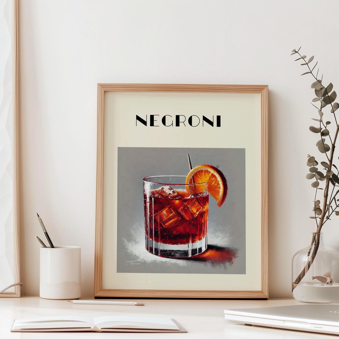 Classic Negroni Cocktail Oil Painting Vintage Bar Cart Art Poster