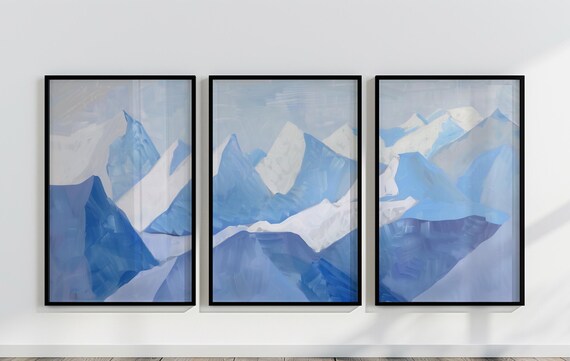 Set Of Three Blue Snowy Mountain Landscape Paintings Art Poster