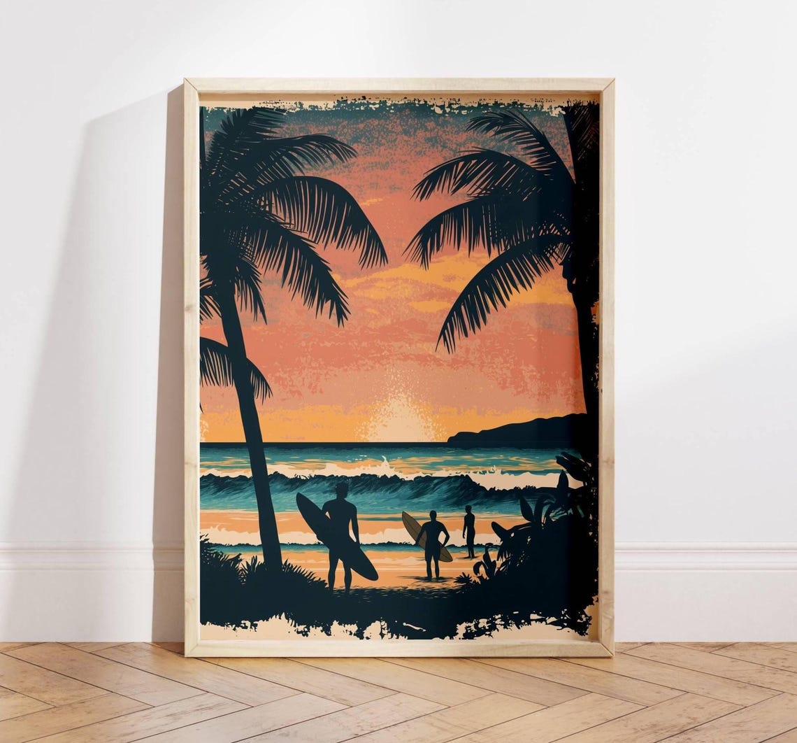 Vintage Surf Sunset Palm Trees Surfers Beach Silhouette Poster