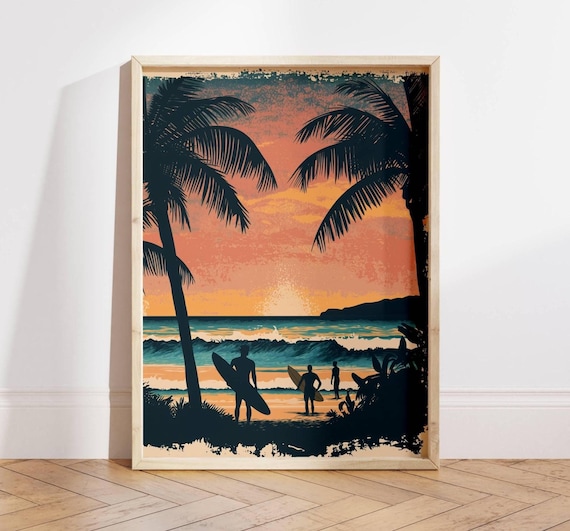 Vintage Surfing Art Print Tropical Beach Palm Tree Poster