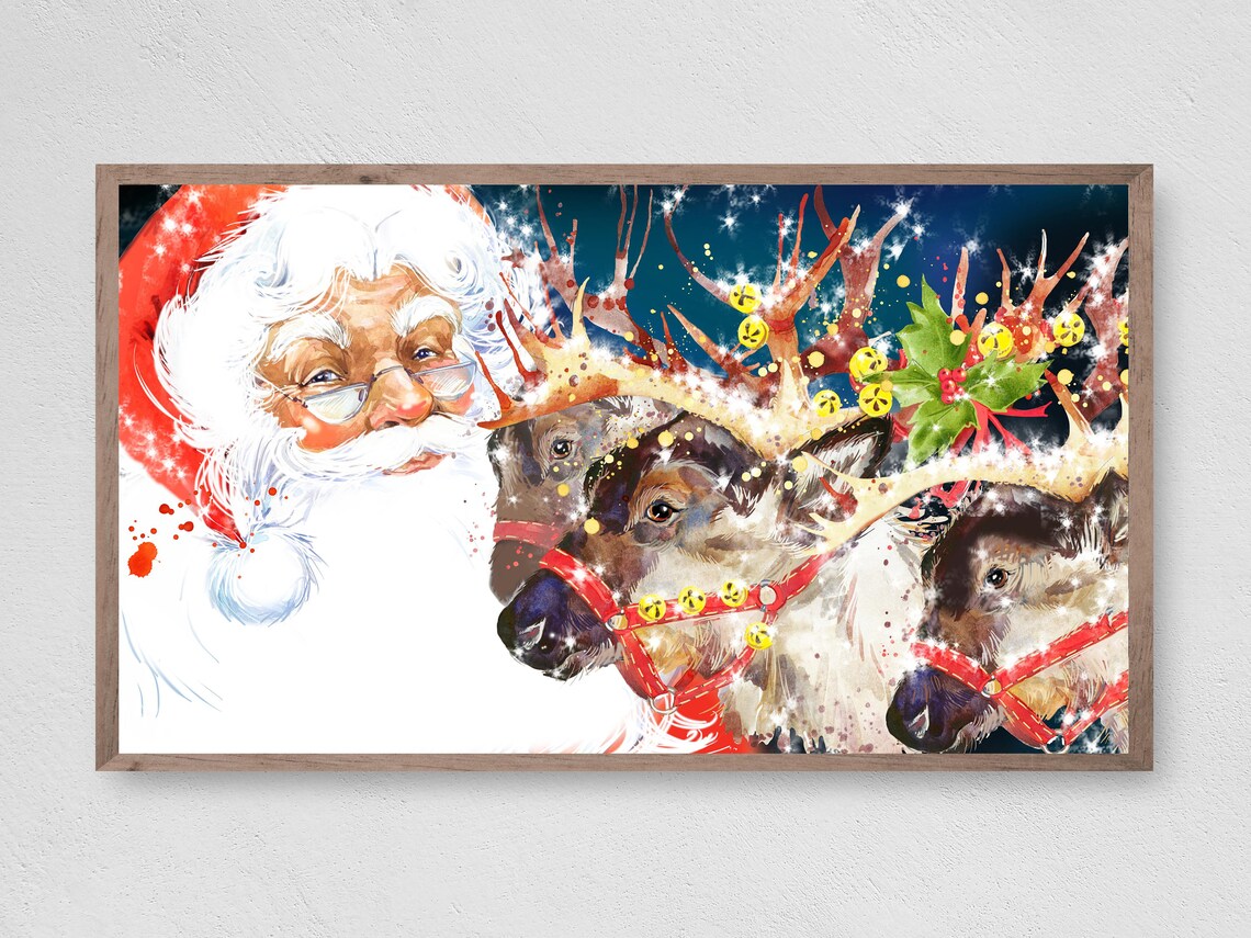 Christmas Santa and His Reindeer Poster Print