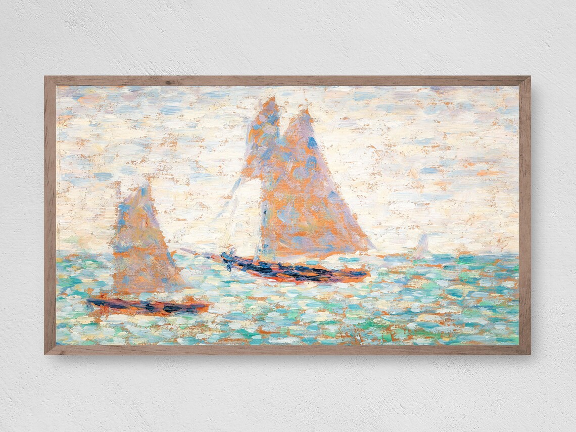 Sailboats at Dawn Art Print, Coastal Nautical